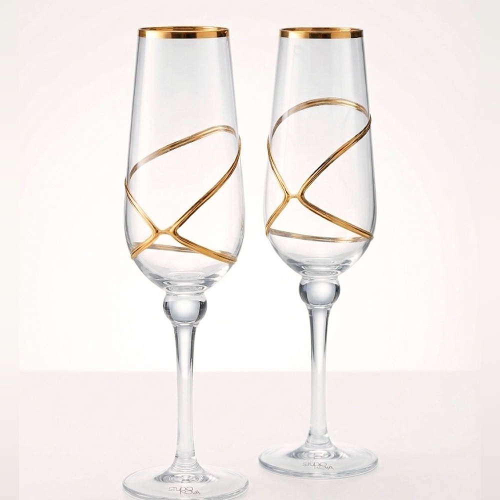 VINTAGE Gold Swirl Champagne Flutes Set of 2 Wedding Toasting MCM Wine Glasses